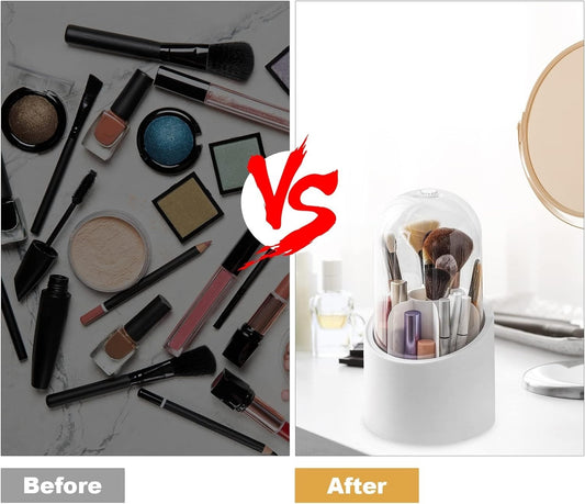 360° Rotating Makeup Brush Organizer | Elegant Makeup Brush Holder with Clear Dome Cover – Dustproof Cosmetic Organizer