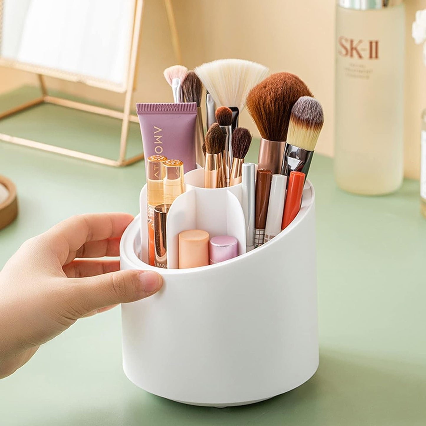 360° Rotating Makeup Brush Organizer | Elegant Makeup Brush Holder with Clear Dome Cover – Dustproof Cosmetic Organizer